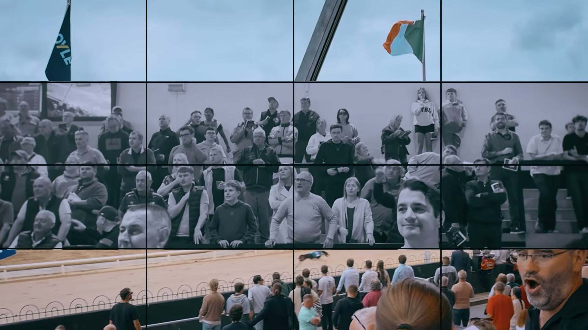 Een tribune vol publiek bij een hondenrenbaan, met daarboven een rij groene, witte en oranje vlakken.