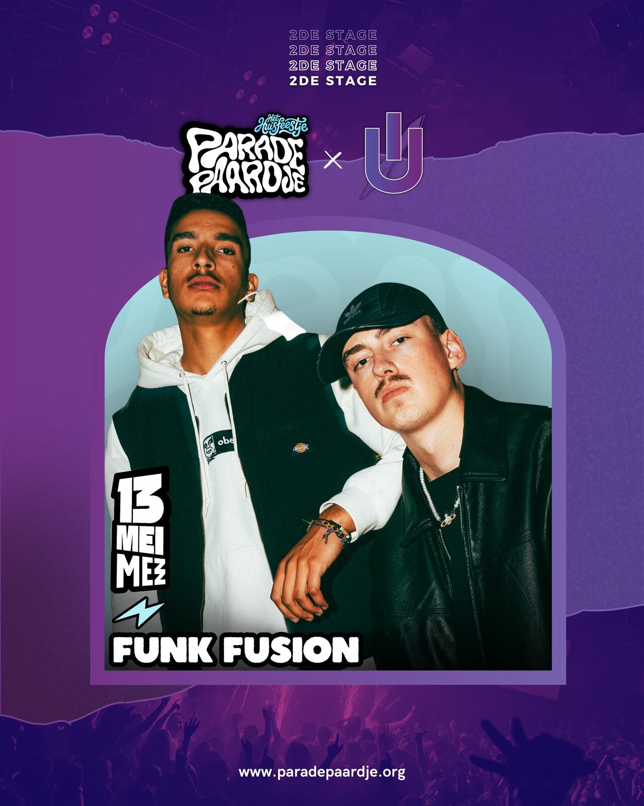 Line-up post voor Funk Fusion op een paarse achtergrond.