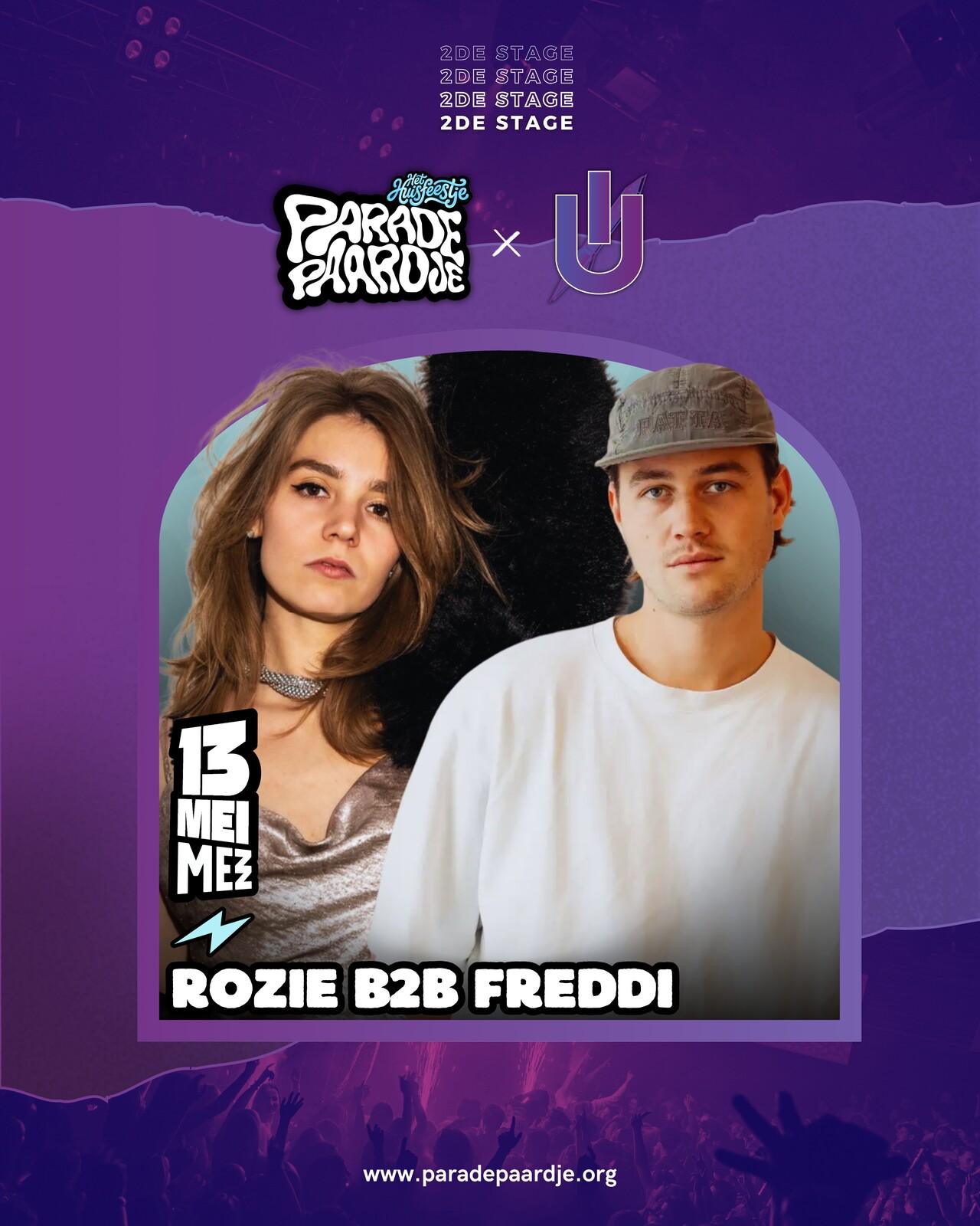 Line-up post voor Rozie b2b Freddi op een paarse achtergrond.