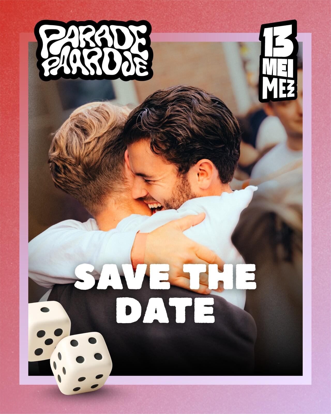 Post met twee feestgangers en de tekst Save the date, met het Paradepaardje-logo en 13 mei.