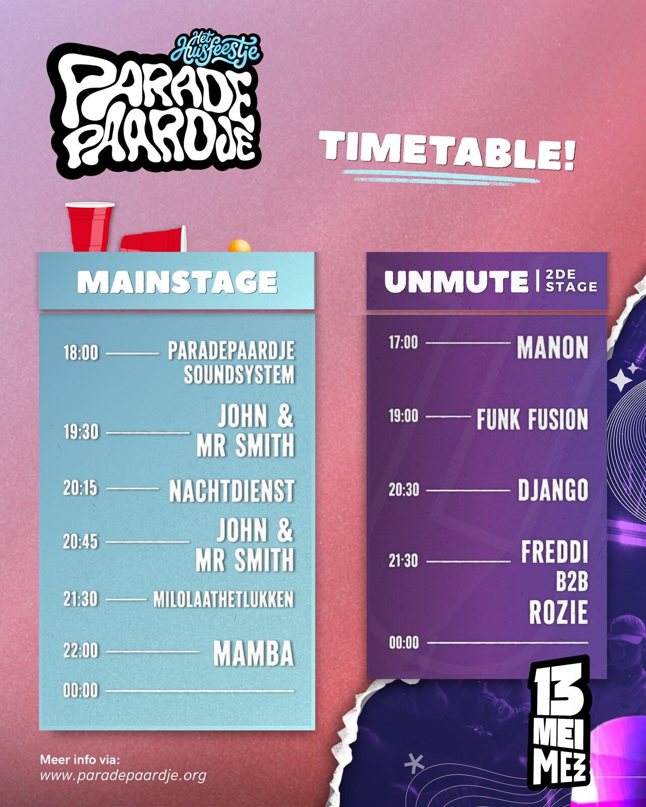 Timetable-post met de tijden van de mainstage en de Unmute-stage.