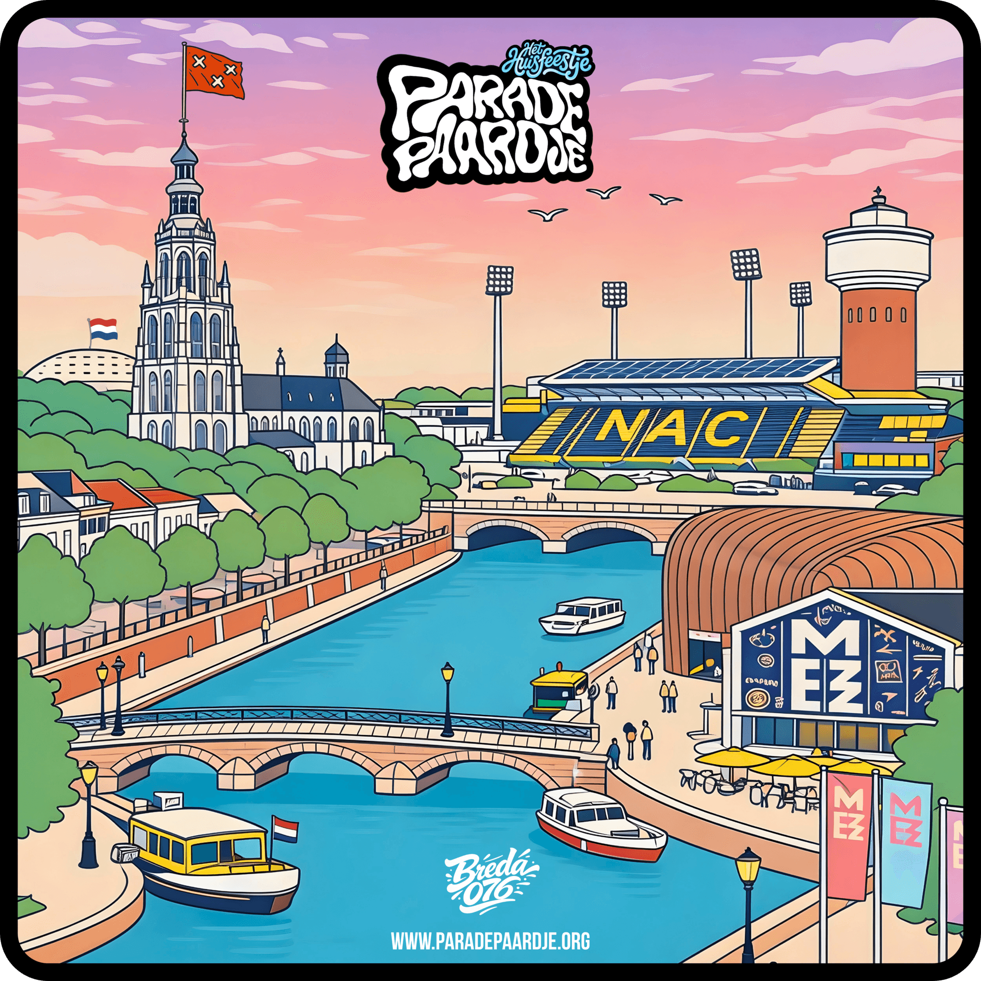 Kleurrijke illustratie van Breda met de Grote Kerk, het NAC-stadion, een gracht met bootjes en het Paradepaardje-logo.